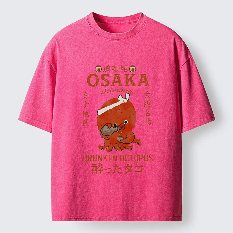 Tokyo-Tiger Vintage Osaka Octopus Sake Drinking Print Washed T-Shirt