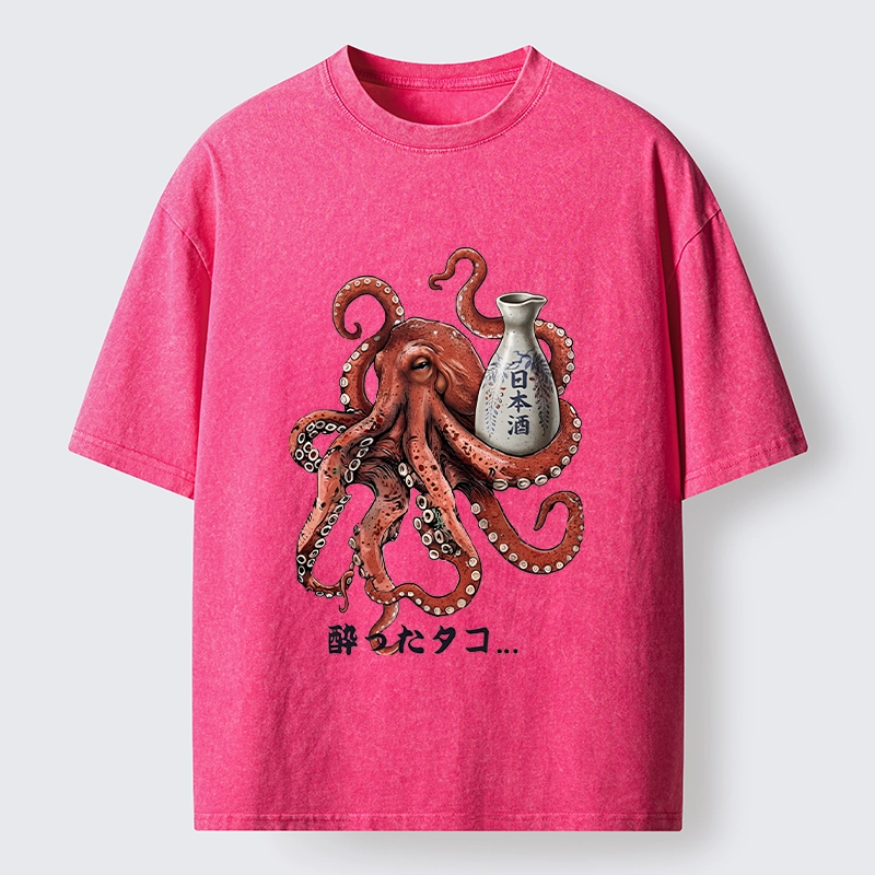 Tokyo-Tiger Japanese Drunken Octopus Sake Pot Art Washed T-Shirt