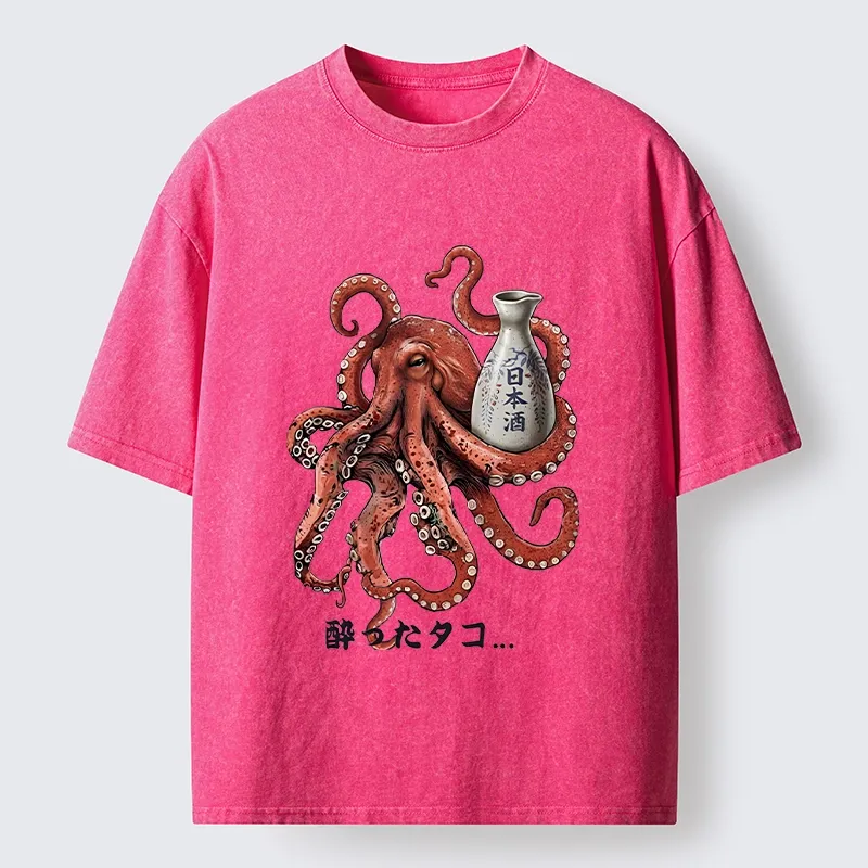 Tokyo-Tiger Japanese Drunken Octopus Sake Pot Art Washed T-Shirt