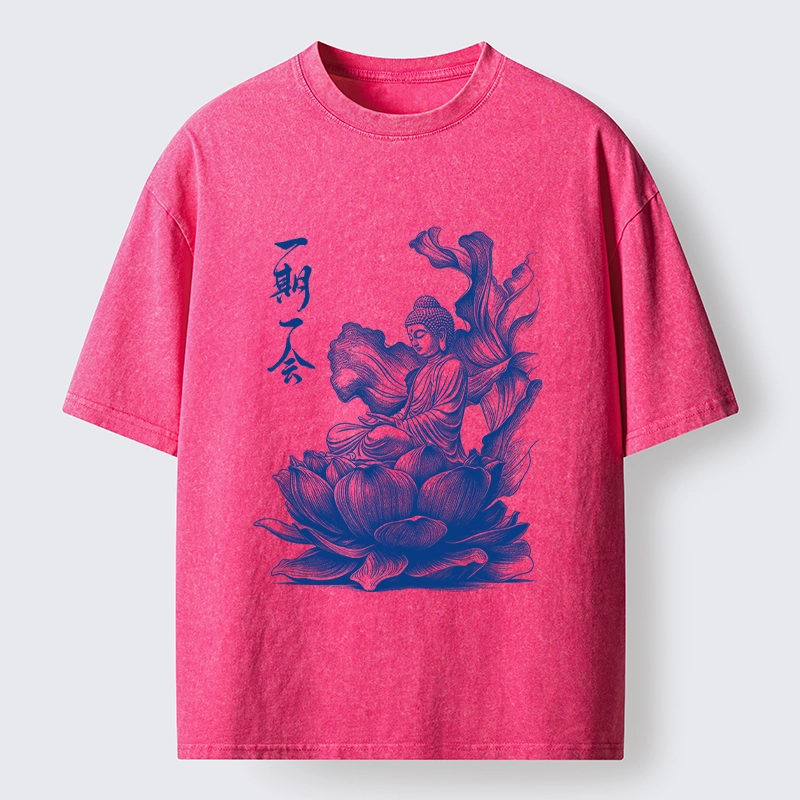 Tokyo-Tiger Calm Buddha On Big Lotus Zen Graphic Washed T-Shirt