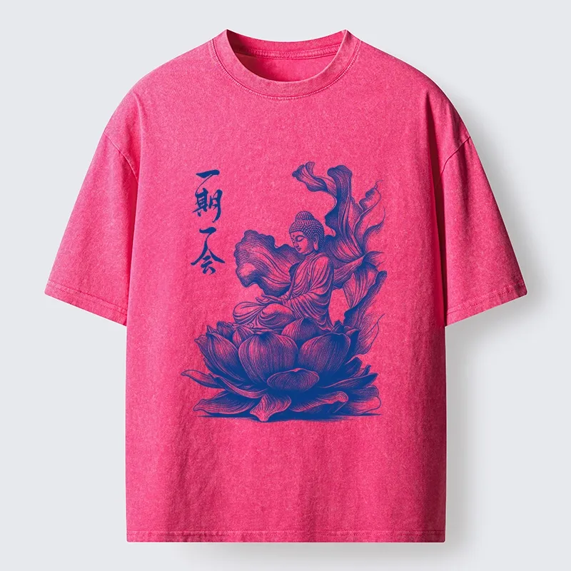 Tokyo-Tiger Calm Buddha On Big Lotus Zen Graphic Washed T-Shirt