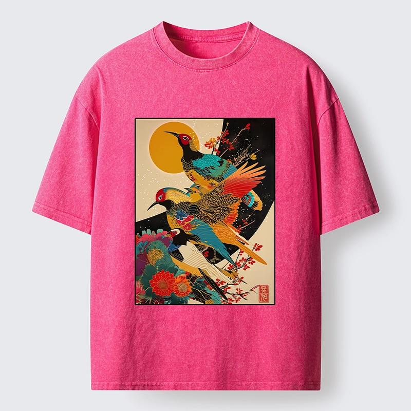 Tokyo-Tiger Sunrise Pheasants Blossom Oriental Art Design Washed T-Shirt