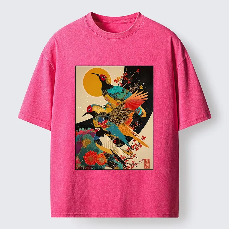 Tokyo-Tiger Sunrise Pheasants Blossom Oriental Art Design Washed T-Shirt