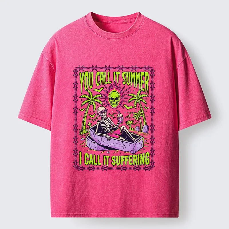 Tokyo-Tiger Neon Skull Summer Vacation Dark Humor Art Washed T-Shirt