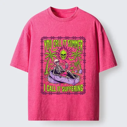 Tokyo-Tiger Neon Skull Summer Vacation Dark Humor Art Washed T-Shirt