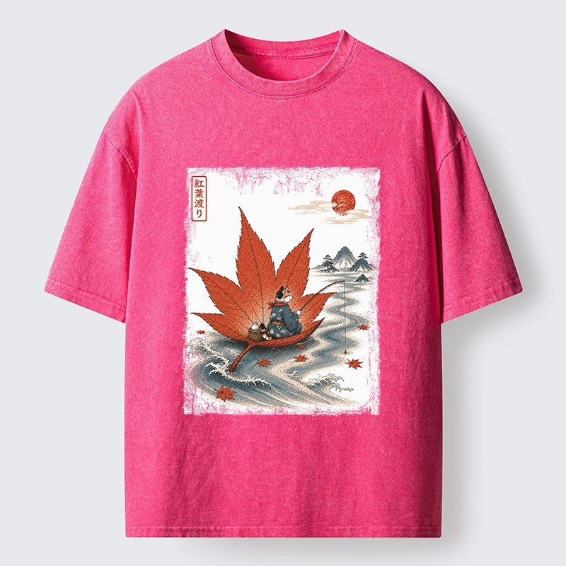 Tokyo-Tiger Japanese Cat Maple River Fishing Vintage Art Washed T-Shirt