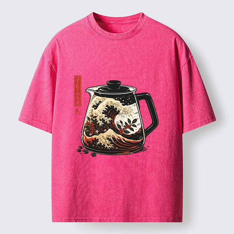 Tokyo-Tiger Coffee Pot Great Wave Coffee Beans Art Washed T-Shirt