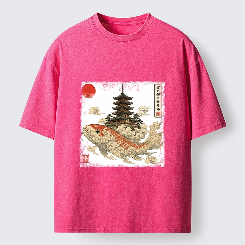 Tokyo-Tiger Sacred Koi Carp And Ancient Temple Tower Art Washed T-Shirt