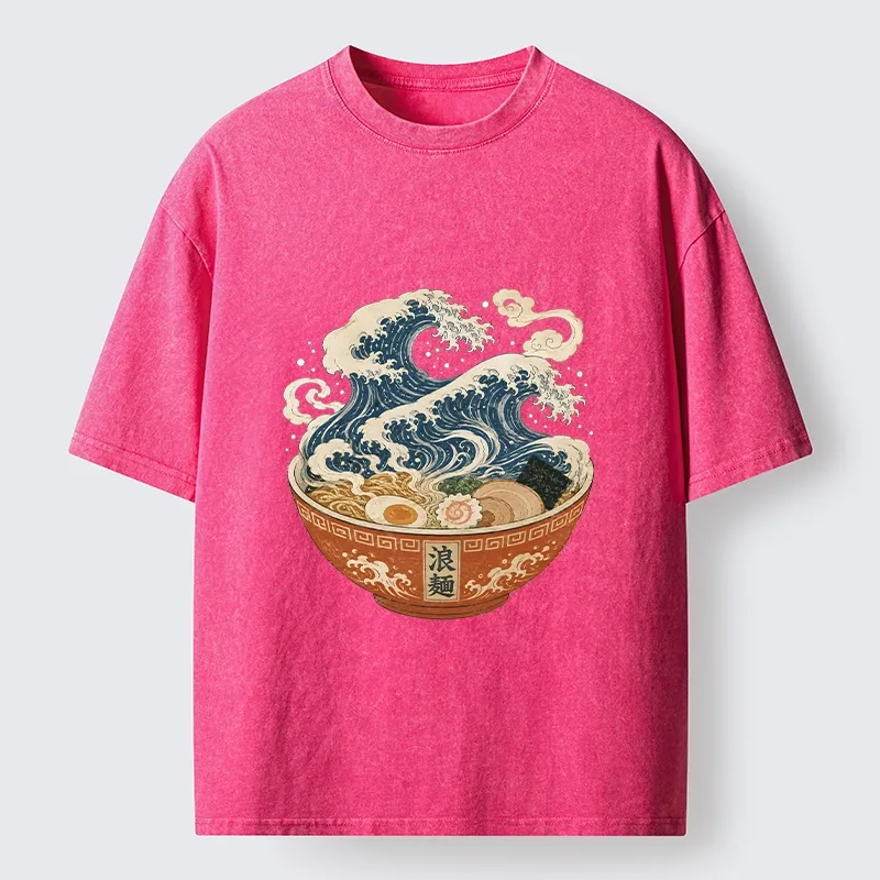 Tokyo-Tiger Ramen Bowl Holds Giant Ocean Wave Graphic Washed T-Shirt