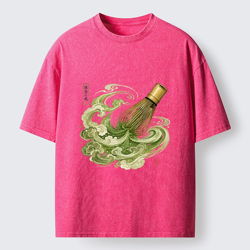 Tokyo-Tiger Zen Matcha Wave Bamboo Whisk Vintage Print Washed T-Shirt