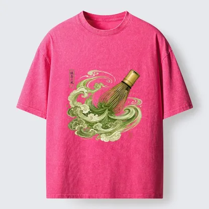 Tokyo-Tiger Zen Matcha Wave Bamboo Whisk Vintage Print Washed T-Shirt