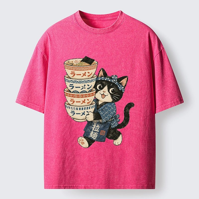 Tokyo-Tiger Funny Meme Cat Carries Stacked Ramen Bowls Washed T-Shirt