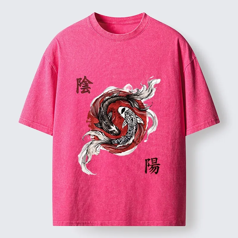 Tokyo-Tiger Red Ink Twin Koi Fish Harmony Washed T-Shirt