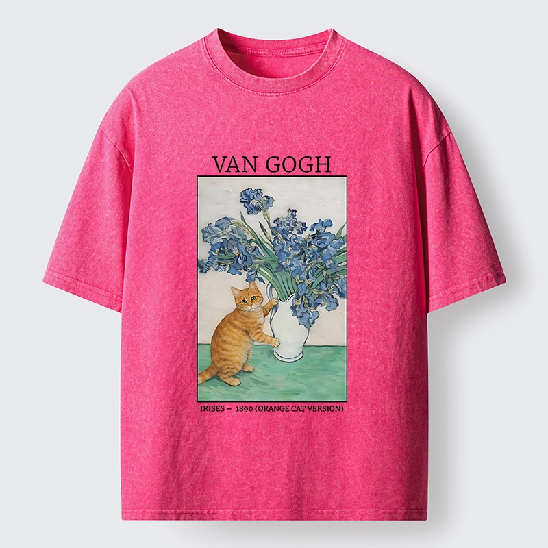 Tokyo-Tiger Orange Cat Touches Van Gogh Irises Washed T-Shirt