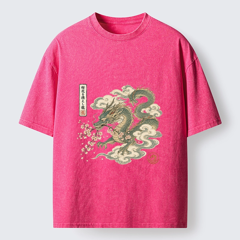 Tokyo-Tiger Ancient Dragon Holds Pink Sakura Blooms Washed T-Shirt 