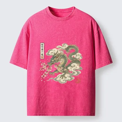 Tokyo-Tiger Ancient Dragon Holds Pink Sakura Blooms Washed T-Shirt 