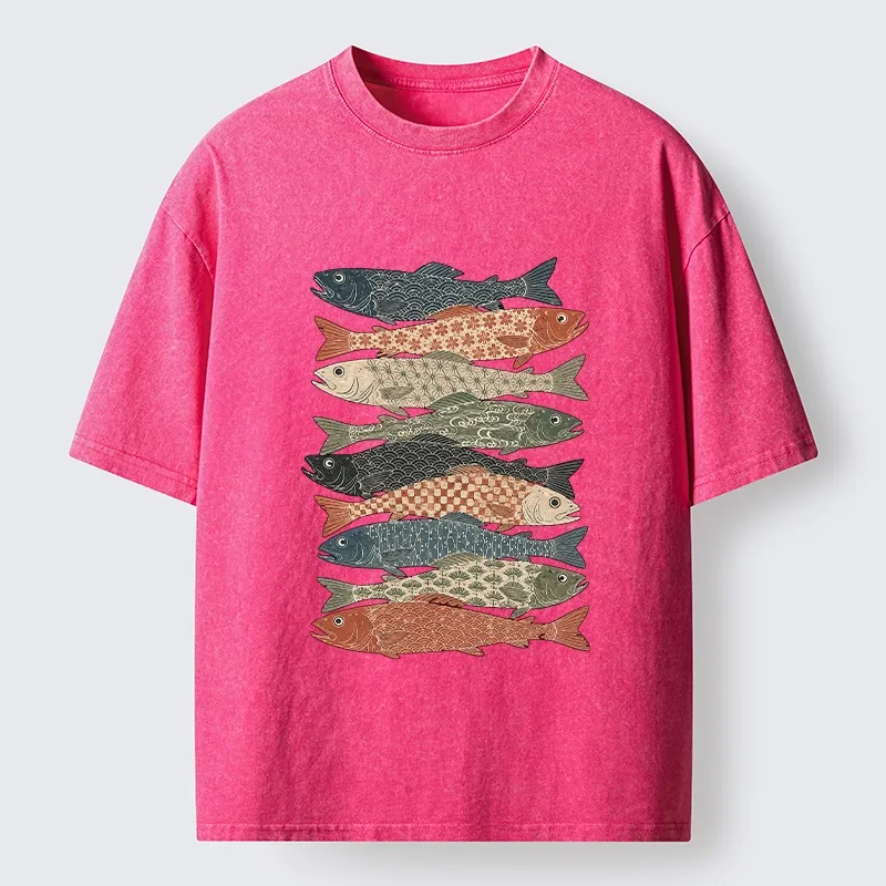 Tokyo-Tiger Patterned Stack Fish Japanese Block Print Washed T-Shirt
