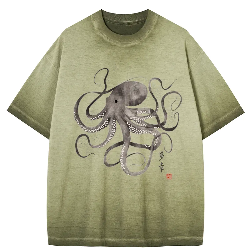 Tokyo-Tiger Octopus Japanese Calligraphy Gradient Washed T-Shirt