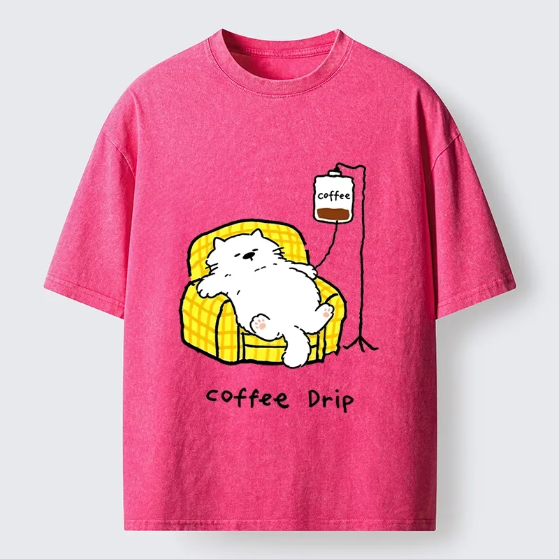 Tokyo-Tiger Fluffy Cat Needs Coffee Drip Art Washed T-Shirt