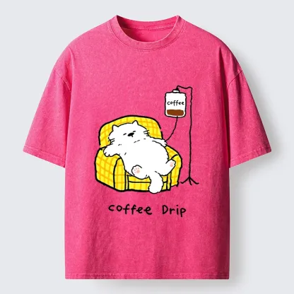Tokyo-Tiger Fluffy Cat Needs Coffee Drip Art Washed T-Shirt