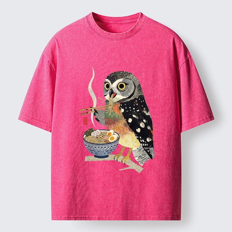 Tokyo-Tiger Owl Slurps Hot Ramen Japan Art Washed T-Shirt