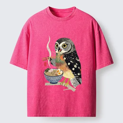 Tokyo-Tiger Owl Slurps Hot Ramen Japan Art Washed T-Shirt