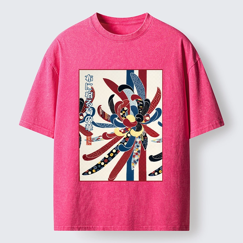 Tokyo-Tiger Traditional Oriental Big Flower Ukiyo Print Washed T-Shirt