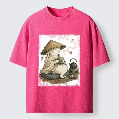 Tokyo-Tiger Cute Ghost Peaceful Tea Time Art Washed T-Shirt