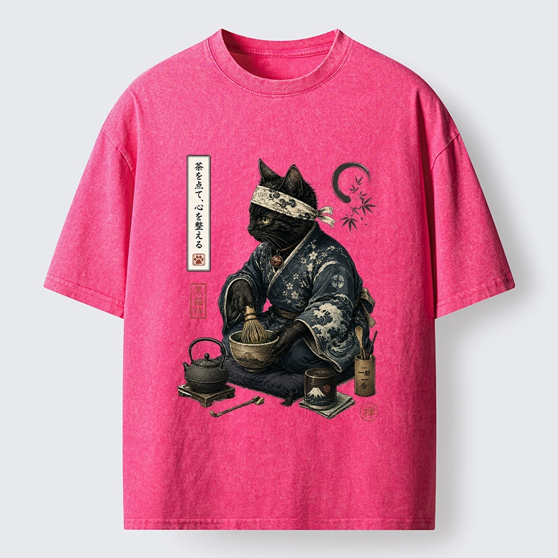 Tokyo-Tiger Samurai Cat Makes Matcha Tea Art Washed T-Shirt