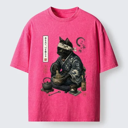 Tokyo-Tiger Samurai Cat Makes Matcha Tea Art Washed T-Shirt