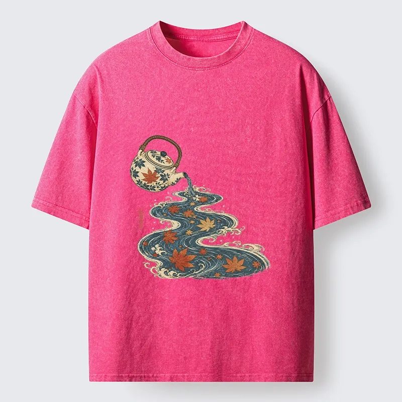 Tokyo-Tiger Maple Tea Pot Flowing River Ukiyo Art Washed T-Shirt