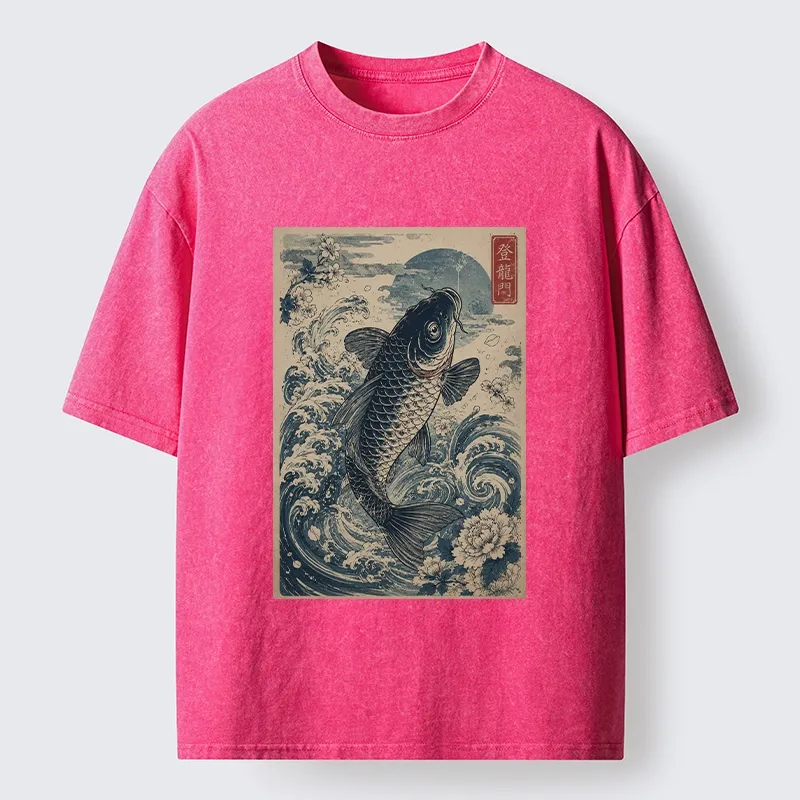 Tokyo-Tiger Vintage Ukiyo Koi Wave Flower Graphic Washed T-Shirt