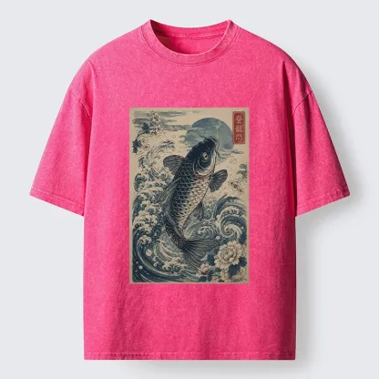 Tokyo-Tiger Vintage Ukiyo Koi Wave Flower Graphic Washed T-Shirt