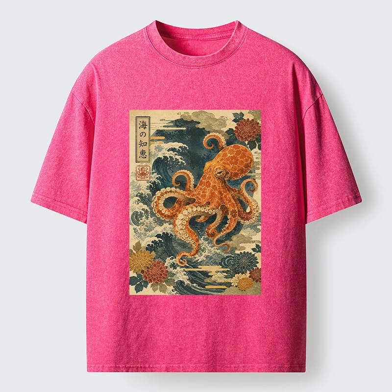 Tokyo-Tiger Wise Octopus Sea Wave Ukiyo E Art Washed T-Shirt