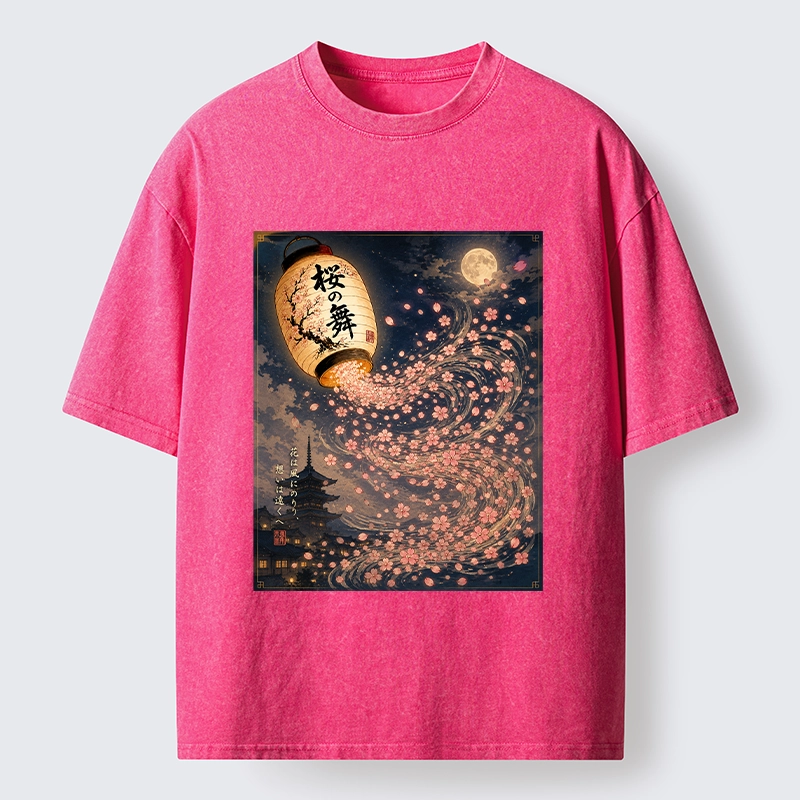 Tokyo-Tiger Sakura Wind Flows From Paper Lantern Graphic Washed T-Shirt