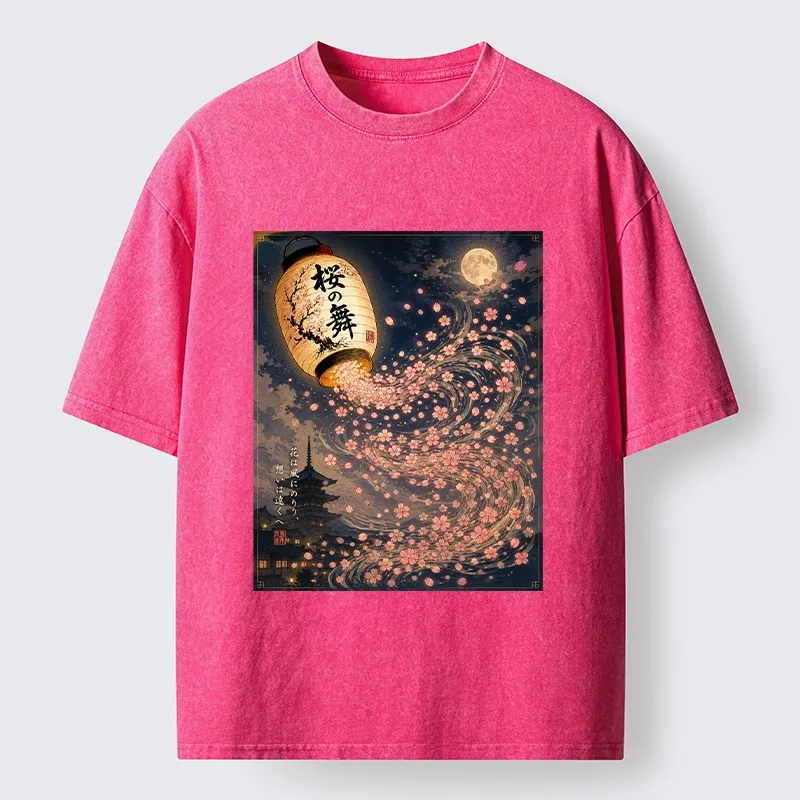 Tokyo-Tiger Sakura Wind Flows From Paper Lantern Graphic Washed T-Shirt