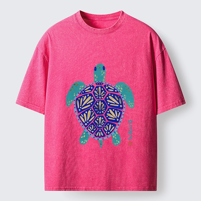 Tokyo-Tiger Blue Gold Sea Turtle Japanese Art Print Washed T-Shirt