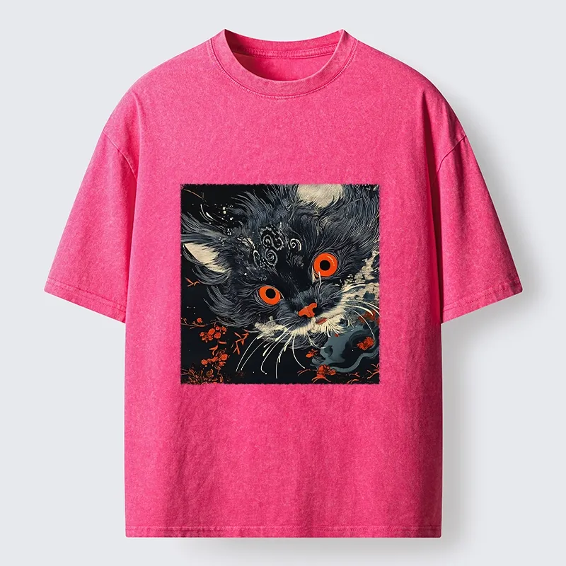 Tokyo-Tiger Soft Fluffy Black Cat Vintage Oriental Print Washed T-Shirt