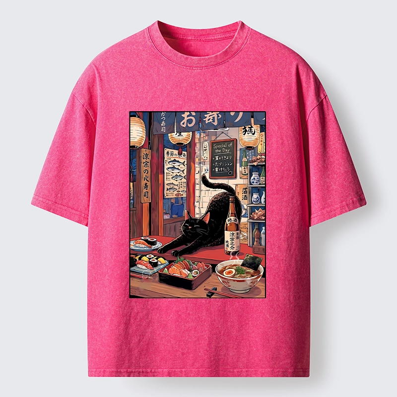 Tokyo-Tiger Warm Lantern Izakaya Black Cat Food Art Print Washed T-Shirt