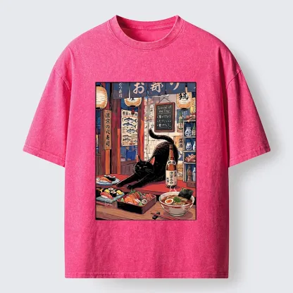Tokyo-Tiger Warm Lantern Izakaya Black Cat Food Art Print Washed T-Shirt
