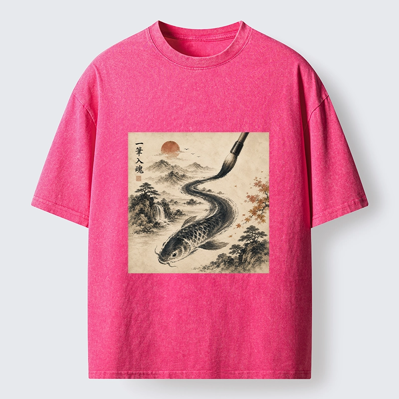 Tokyo-Tiger Autumn Mountain Ink Carp Brush Design Washed T-Shirt