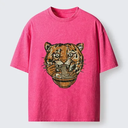 Tokyo-Tiger Vintage Tiger Ramen Funny Meme Washed T-Shirt