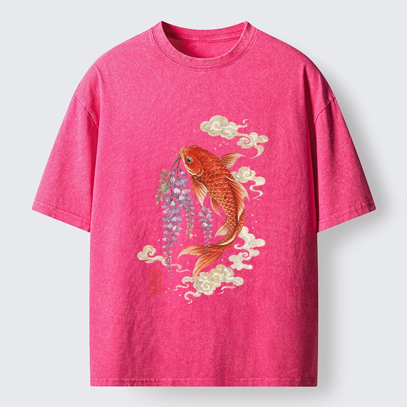Tokyo-Tiger Soft Cloud Koi Floral Graphic Print Washed T-Shirt