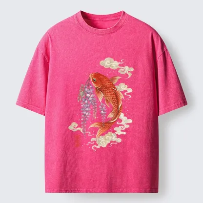 Tokyo-Tiger Soft Cloud Koi Floral Graphic Print Washed T-Shirt