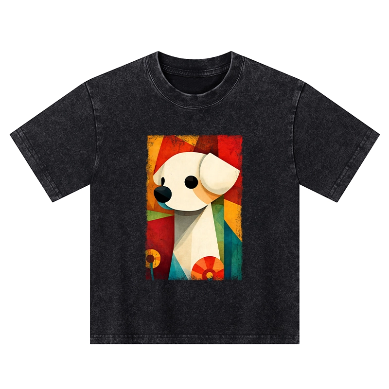 Tokyo-Tiger Retro Abstract Color Block Puppy Art Kids Washed T-Shirt