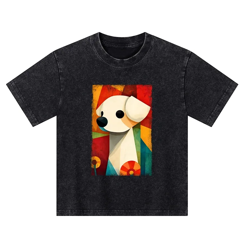 Tokyo-Tiger Retro Abstract Color Block Puppy Art Kids Washed T-Shirt