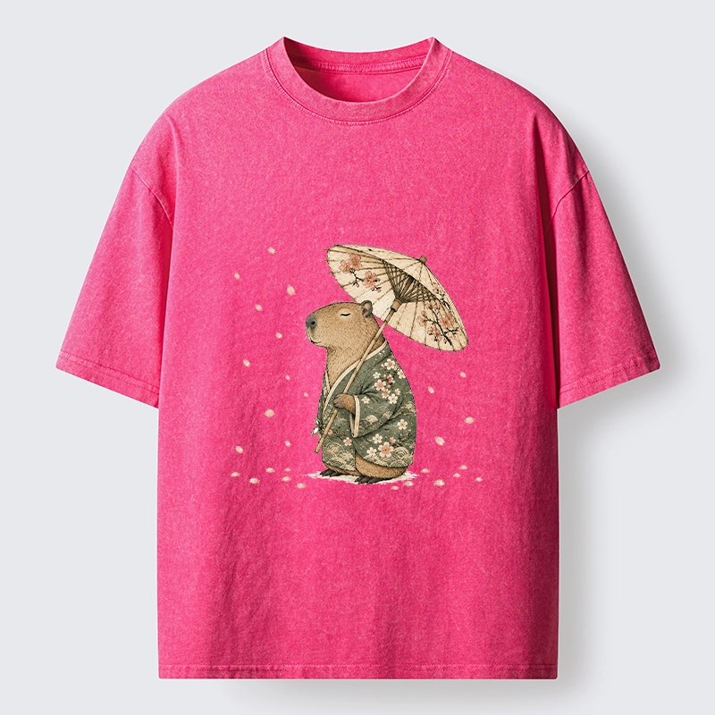 Tokyo-Tiger Relaxed Capybara Spring Sakura Kimono Art Washed T-Shirt