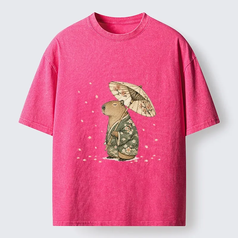 Tokyo-Tiger Relaxed Capybara Spring Sakura Kimono Art Washed T-Shirt