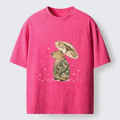 Tokyo-Tiger Relaxed Capybara Spring Sakura Kimono Art Washed T-Shirt