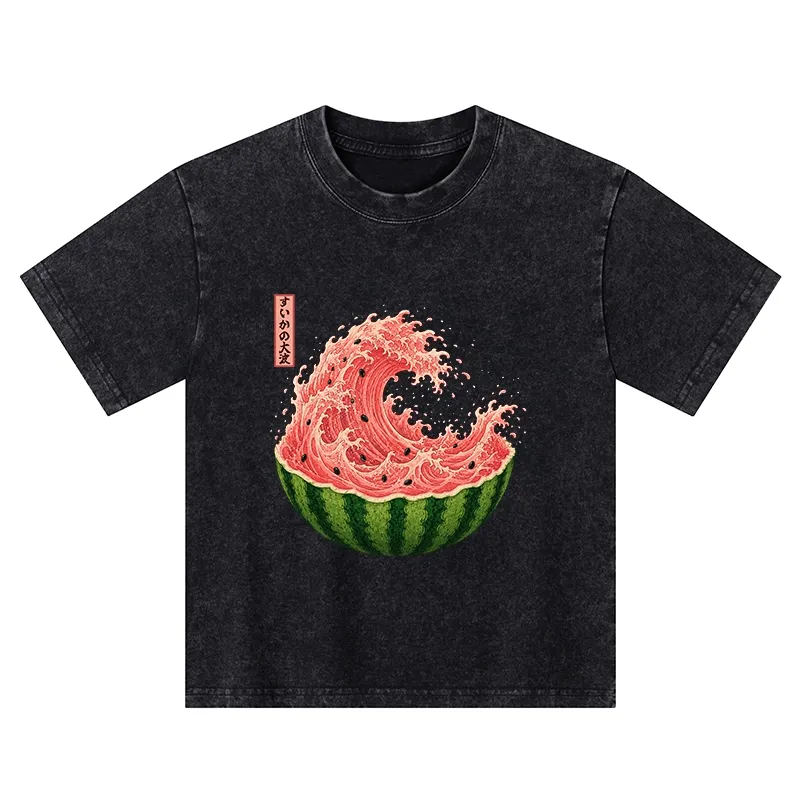 Tokyo-Tiger Watermelon Wave Summer Ukiyo Art Kids Washed T-Shirt